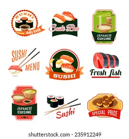 Asian food sushi bar japanese cuisine fresh fish labels set isolated vector illustration