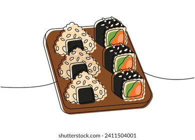 Asian food sushi, sushi dish one line colored continuous drawing. Japanese cuisine, traditional food continuous one line illustration.