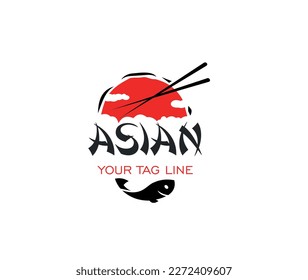 Asian food. Sushi logo template. Chopstick Swoosh Bowl Oriental Japan Cuisine, Japanese Sushi Seafood logo design inspiration