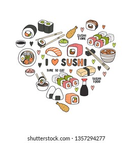 Asian food, sushi, nigiri, soy sauce, rolls with salmon, ramen in the shape of a heart, isolated object on white background. Goood for decoration restaurant menu, cards, banners