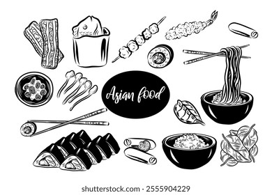 Asian food. Sushi, noodles, spring rolls, fish Hand drawn vector isolated set.