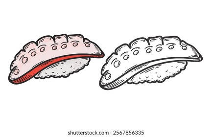 Asian food. Sushi with octopus. Sketch style. Vector hand drawn illustration. Painted sketch