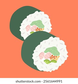 Asian food. Sushi, ramen, roll, soy sauce, wasabi, shrimp. In trendy groovy hippie retro style. Vector illustration Seafood