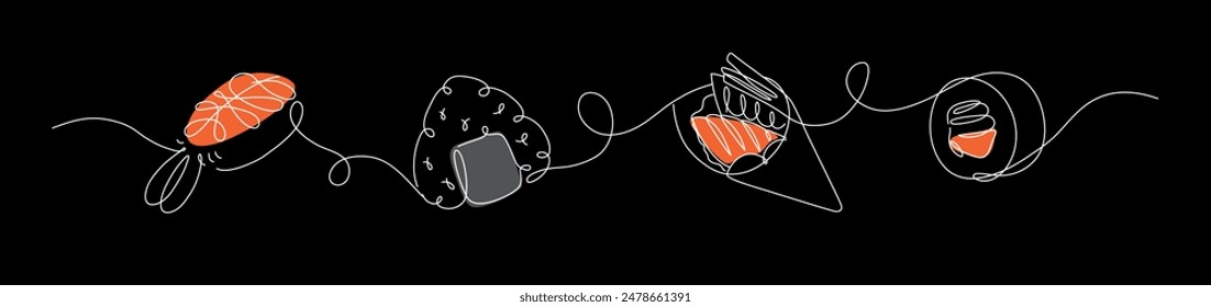 Asian food sushi and roll nigiri, onigiri, temaki, maki panorama set drawing in linear style on black background.