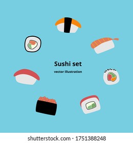 Asian food sushi and roll set vector template illustration in flat style on blue background with place for text