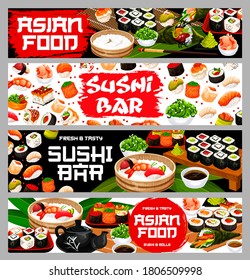 Asian food sushi and rolls, Japanese restaurant or bar vector banners. Japan seafood cuisine rollsm sashimi, maki or uromaki. Futomaki, caviar ikura, hosomaki, ebi shrimp or unagi eel sushi meals menu