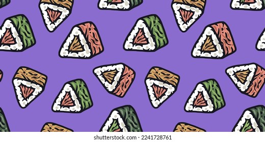 Asian food sushi seamless pattern for seafood background. Japanese or chinese rolls with salmon, nori.