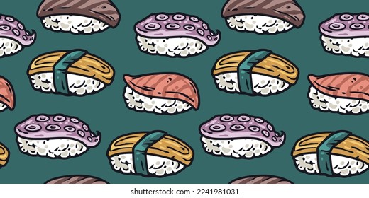 Asian food sushi seamless pattern for seafood background. Japanese or chinese rolls with salmon, nori.