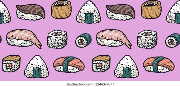 Asian food sushi seamless pattern for seafood background. Japanese or chinese rolls with salmon, nori.