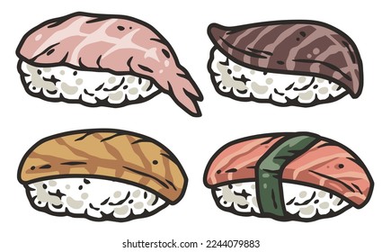 Asian food sushi set with salmon, nori and seafood for design. Japanese or chinese rolls with shrimp and squid