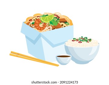 Asian food take out box with noodles and bowl of rice icon vector. Delicious asian food design element isolated on a white background. Chinese restaurant take out box with chopsticks vector