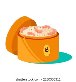 Asian food in a takeaway box of tender rice and shrimp