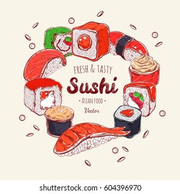 Asian Food template. Vector hand drawn. Sushi