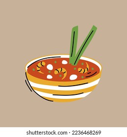 Asian food, Tom Yum Kung Soup. Thai Spicy Soup. Hand drawn vector illustration.