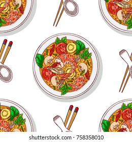 Asian food. tom yum kung. seamless background of appetizing traditional Thai soup with shrimps. Hand-drawn illustration