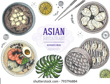 Asian food top view. Asian cuisine menu design template. Cartoon style. Colored dish set. EPS 10