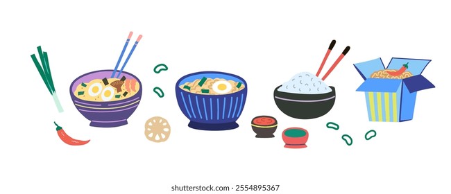 Asian food, traditional Japanese and Chinese meals. Noodles, ramen, rise and sauces. Hand-drawn colorful vector illustration.