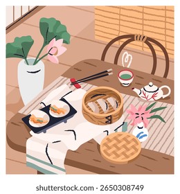 Asian food, traditional Japanese lunch, dining table serving. Japan meal with gyoza, bao buns dishes, chopsticks, lotus flower in vase. Beautiful oriental cafe breakfast. Flat vector illustration