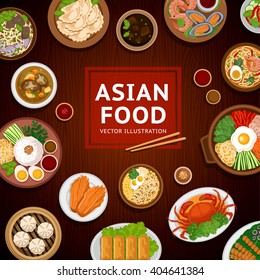 Asian Food. Traditional National Dishes On A Wooden Background. Vector Illustration. Banner, Menu. Flat Design. Asian Cuisine. Eps10.