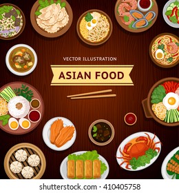 Asian food. Traditional national dishes on a wooden background. Vector illustration. Banner, menu. Flat design. Asian cuisine. Eps10.