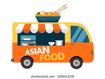 Asian food truck concept vector illustration on white background. Street food noodle meal.