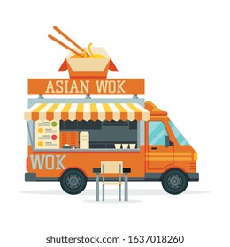 Asian Food Truck, Street Meal Vehicle, Fast Food Delivery, Mobile Shop Vector Illustration