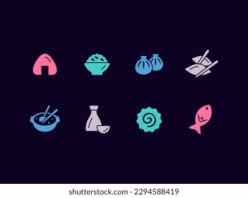 Asian food vector icon set. Sushi, rice, noodles icons. Japanese restaurant menu. Asian foods order icons for delivery mobile app.