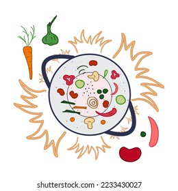 Asian food. Vector illustration. Wok on hot frying pan with peppers, herbs, mushrooms and vegetables. For cover, menu, postcards, print, corporate merchandise, banner design, website and social media