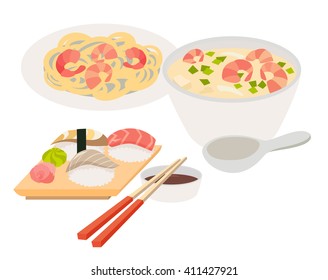 Asian food vector illustrations. Chinese, thai food flat, cartoon style. Web banner isolated on white background. Tom Yam soup, sashimi, chopstick, noodles with shrimps