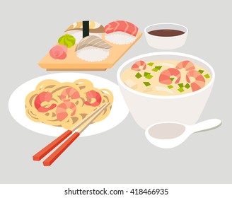 Asian food vector illustrations. Chinese, thai food flat, cartoon style. Web banner isolated on white background. Tom Yam soup, sashimi, chopstick, noodles with shrimps