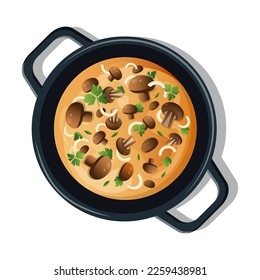 Asian food. Vector food. Mushroom dish. Diet food. Dishes for vegans. Mushroom roast. Vector icon for kitchen or menu. Clip art food.