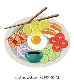 Asian food vector PNG image with salad and sushi. Asian food elements are designed with soy sauce and a poached egg. Green salad with tomato, onion, lime, and cucumber.