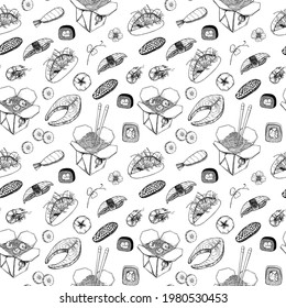 Asian food - vector seamless pattern. Hand drawn illustrations: wok, sashimi, sushi, hand with chinese chopsticks, vegetables, seafood. Perfect for restaurant, menu, cafe, wrapping paper, textile