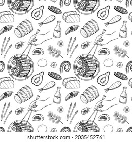 Asian food - vector seamless pattern. Chinese cuisine. Hand drawn illustrations: ramen, sashimi, sushi, vegetables, seafood. Perfect for restaurant, menu, cafe, wrapping paper, textile 
