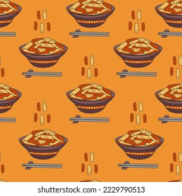 Asian food vector seamless pattern with chopsticks. Funny hand drawn background with korean popular traditional street food tteokbokki in cartoon doodle style for delivery, wallpaper, wrapping paper