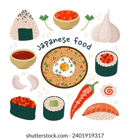 Asian food vector set. Tasty Japanese appetizers - ramen with egg, sushi maki, onigiri, gunkan with caviar. Spicy seasonings - chili pepper, garlic, soy sauce, sriracha. Flat cartoon clipart for menu