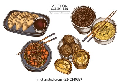 Colección de ilustraciones de la cosecha culinaria asiática. Diseños de logo dibujados a mano con jiaozi, jian dui, tarta de huevo, fideos con gambas, sopa de huevo, tazón de fideos.