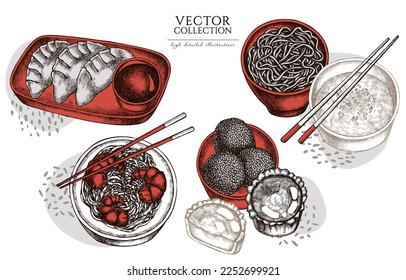 Asiatische Kollektion von Illustrationen aus dem Bereich Lebensmittel. Handgezeichnete Logo-Designs mit Jiaozi, Jidui, Eierzart, Nudeln mit Garnelen, Eiersuppe, Nudelschüssel.