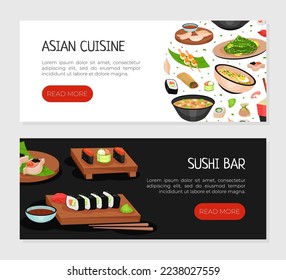 Asian Food Web Design with Noodles, Soup Bowl and Sushi Vector Template