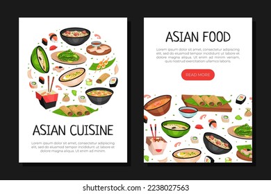 Asian Food Web Design with Noodles, Soup Bowl and Sushi Vector Template