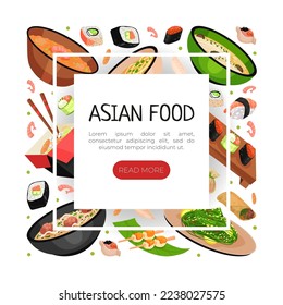 Asian Food Web Design with Noodles, Soup Bowl and Sushi Vector Template