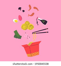 Asian food. Wok menu traditional Ingredients. Restaurant, cafe design element. Banner, flyer. Vector colorful Illustration in flat style. Noodles with traditional Ingredients in a box.