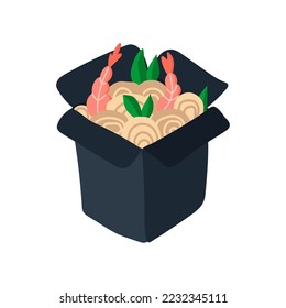 Asian food wok noodles with shrimps in a box. vector illustration