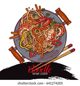 Asian food. Wok pan. Chinese noodles with shrimp, pepper and onion. hand-drawn illustration