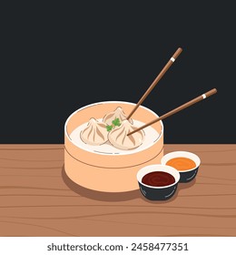 Asian food, Xiao long bao, steamed Chinese buns in a bamboo basket with sauces. Vector illustration