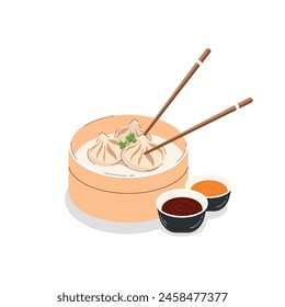 Asian food, Xiao long bao, steamed Chinese buns in a bamboo basket with sauces on white background. Vector illustration