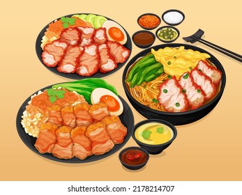 El menú de alimentos asiáticos está ajustado para cerrar el vector de ilustración.
Menú tailandés de comida callejera. Cuenco chino de arroz de cerdo asado en rojo, tazón chino de arroz crujiente con vientre de cerdo, sopa china de fideos wonton. Comidas de Singapur.