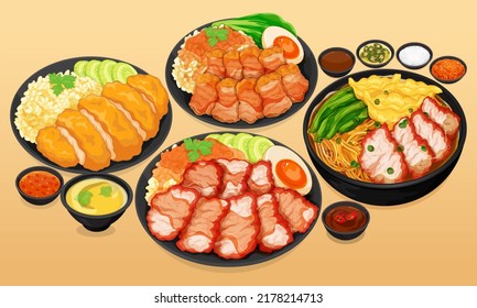 Asian foods menu set close up illustration vector.
Thai street food menu set. Chinese red roasted pork rice bowl, Chinese crispy pork belly rice bowl, Chinese wonton noodles, Hainanese chicken rice.