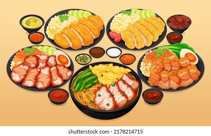 Asian foods menu set close up illustration vector.
Thai street food menu set. Chinese hainan chicken rice, Chinese crispy pork belly rice bowl, Chinese wonton noodles soup, Red roast pork with rice.