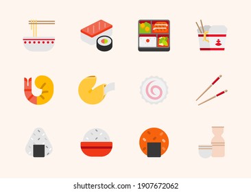 Asian foods vector illustration icons set. Japanese, Chinese foods, Sushi, Sashimi, Noodle, Bento Box, Rice Meals, Shrimp, Fish Cake, Rice Ball, Sake, Chopsticks colorful isolated symbols collection